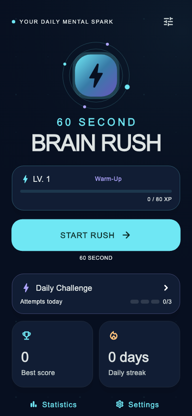 Screenshot of the Brain Rush home screen showing the 60-second game and Daily Challenge